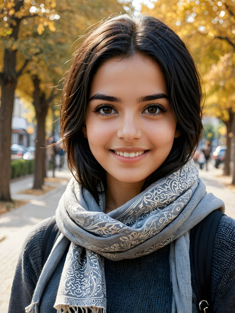 ((stunning)) ((gorgeous)) ((detailed and realistic portrait)) beautiful young Iranian girl, 16 years old, wears a grey outfit, light brown skin tone, cute face, realistic black eyes, (long black hair), slim, short stature, smiling, wearing a scarf