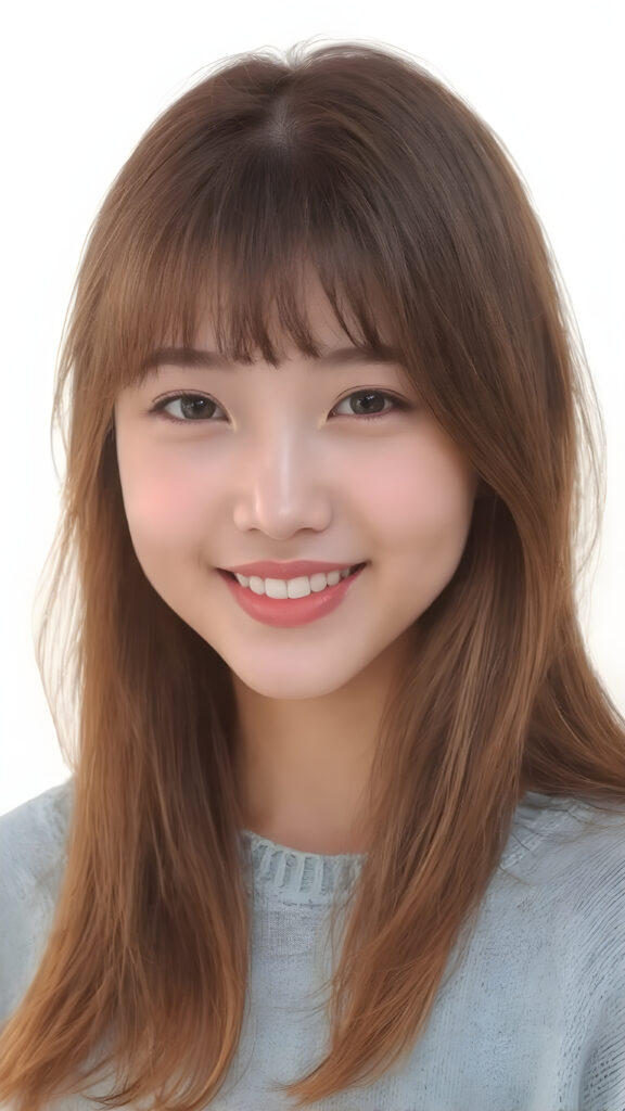 ((stunning)) ((gorgeous)) a young Asian teen girl. She has auburn long soft hair in Korean Style bangs, dark eyes, warm smile, very happy, weak dimmed light, full lips, white teeth, perfect face, she wears a light blue sweater made of fine wool, perfect curved body