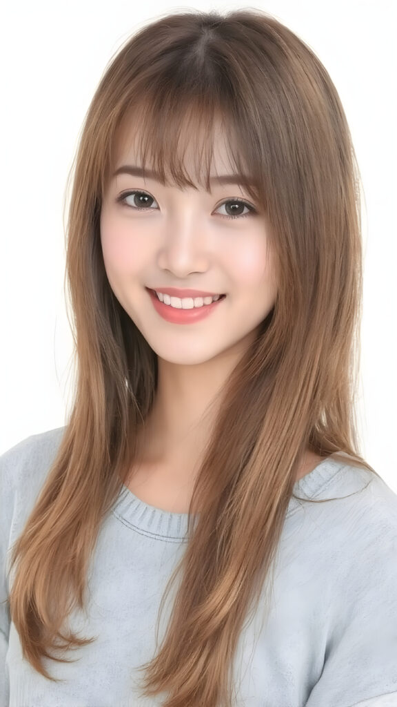 ((stunning)) ((gorgeous)) a young Asian teen girl. She has auburn long soft hair in Korean Style bangs, dark eyes, warm smile, very happy, weak dimmed light, full lips, white teeth, perfect face, she wears a light blue sweater made of fine wool, perfect curved body