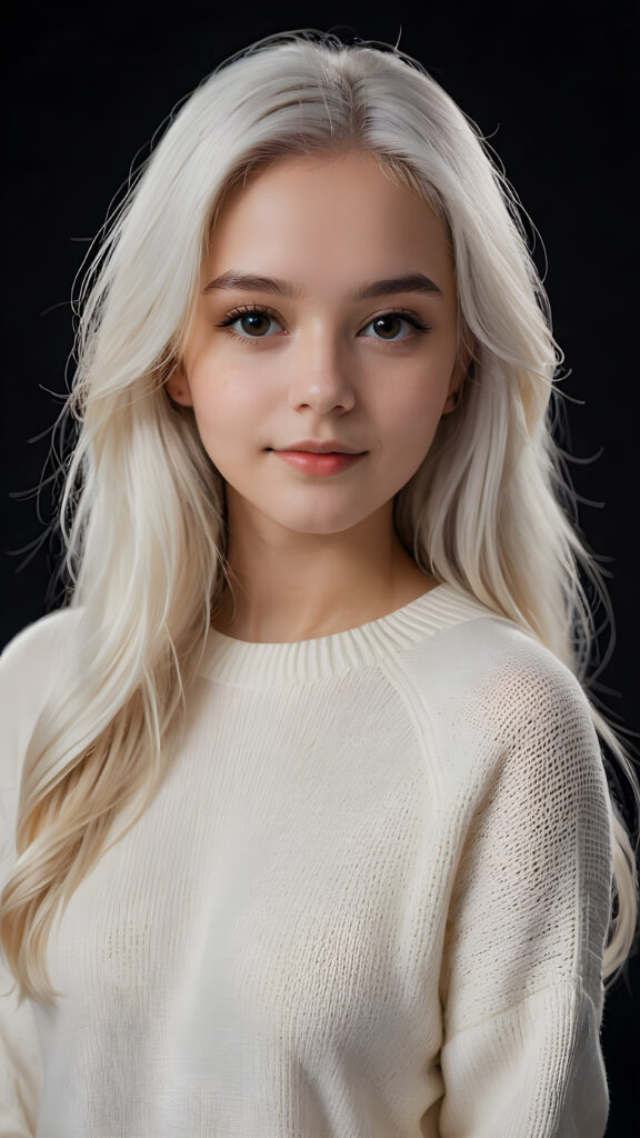 ((stunning)) ((gorgeous)) a beautiful teen girl, perfect portrait, perfect curved body, long straight platinum white hair, wears a white sweater, white silhouette, black background