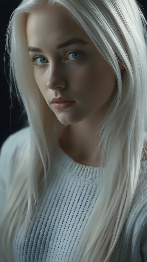 ((stunning)) ((gorgeous)) a beautiful realistic teen girl, perfect portrait, perfect curved body, long straight platinum white hair, wears a white sweater, white silhouette, black background