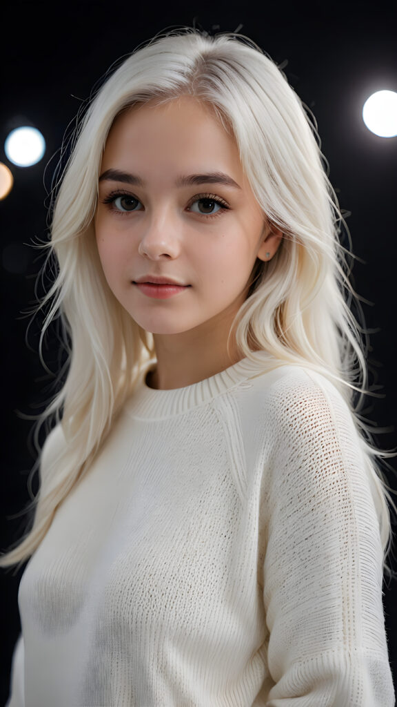 ((stunning)) ((gorgeous)) a beautiful teen girl, perfect portrait, perfect curved body, long straight platinum white hair, wears a white sweater, white silhouette, black background