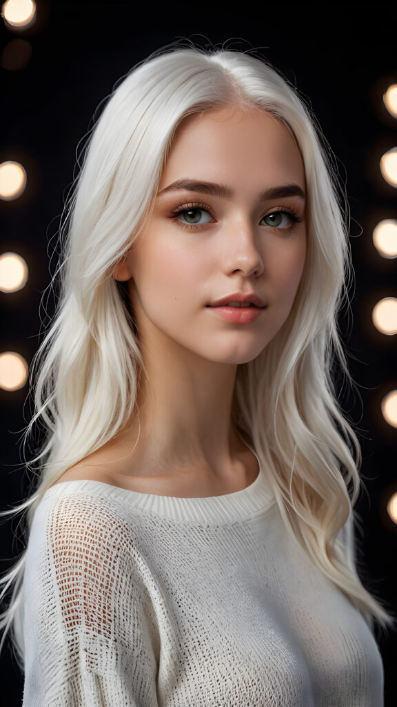 ((stunning)) ((gorgeous)) a beautiful realistic teen girl, perfect portrait, perfect curved body, long straight platinum white hair, wears a white sweater, white silhouette, black background