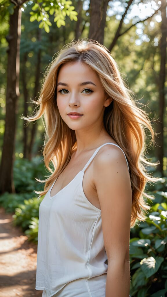 stunning and gorgeous photo from a (((beautiful young girl))) enjoying a tranquil moment, her face serene and poised, surrounded by a backdrop of softly swaying trees and a calming breeze, she wears a white thin tank top, straight soft copper blonde hair in chich voluminous long hairstyle, perfect light and shadows support the picture