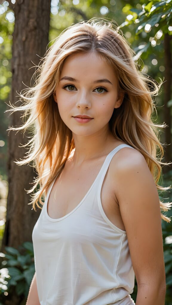 stunning and gorgeous photo from a (((beautiful young girl))) enjoying a tranquil moment, her face serene and poised, surrounded by a backdrop of softly swaying trees and a calming breeze, she wears a white thin tank top, straight soft copper blonde hair in chich voluminous long hairstyle, perfect light and shadows support the picture