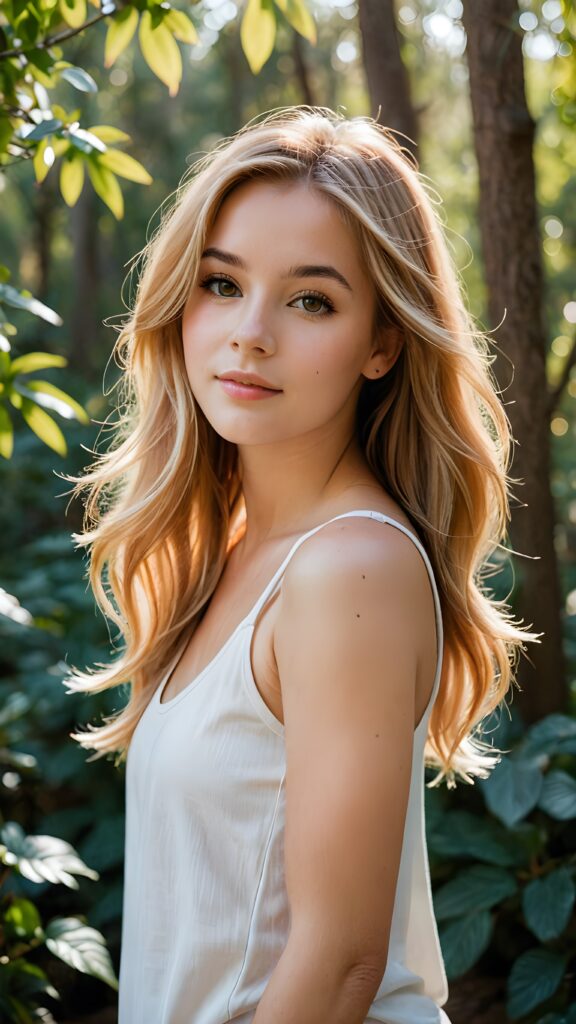 stunning and gorgeous photo from a (((beautiful young girl))) enjoying a tranquil moment, her face serene and poised, surrounded by a backdrop of softly swaying trees and a calming breeze, she wears a white thin tank top, straight soft copper blonde hair in chich voluminous long hairstyle, perfect light and shadows support the picture