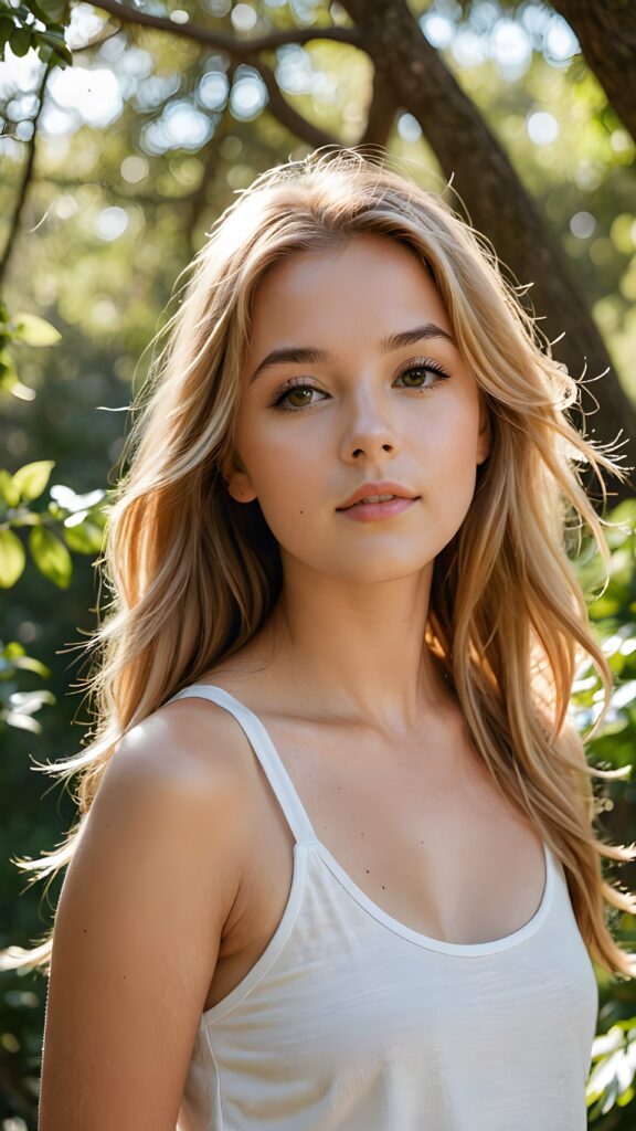 stunning and gorgeous photo from a (((beautiful young girl))) enjoying a tranquil moment, her face serene and poised, surrounded by a backdrop of softly swaying trees and a calming breeze, she wears a white thin tank top, straight soft copper blonde hair in chich voluminous long hairstyle, perfect light and shadows support the picture