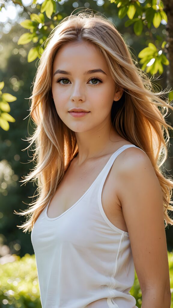 stunning and gorgeous photo from a (((beautiful young girl))) enjoying a tranquil moment, her face serene and poised, surrounded by a backdrop of softly swaying trees and a calming breeze, she wears a white thin tank top, straight soft copper blonde hair in chich voluminous long hairstyle, perfect light and shadows support the picture