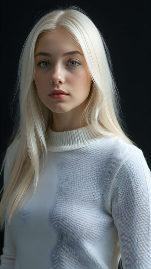 ((stunning)) ((gorgeous)) a beautiful realistic teen girl, perfect portrait, perfect curved body, long straight platinum white hair, wears a white sweater, white silhouette, black background