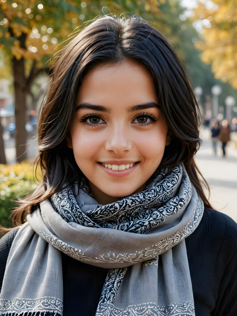 ((stunning)) ((gorgeous)) ((detailed and realistic portrait)) beautiful young Iranian girl, 16 years old, wears a grey outfit, light brown skin tone, cute face, realistic black eyes, (long black hair), slim, short stature, smiling, wearing a scarf