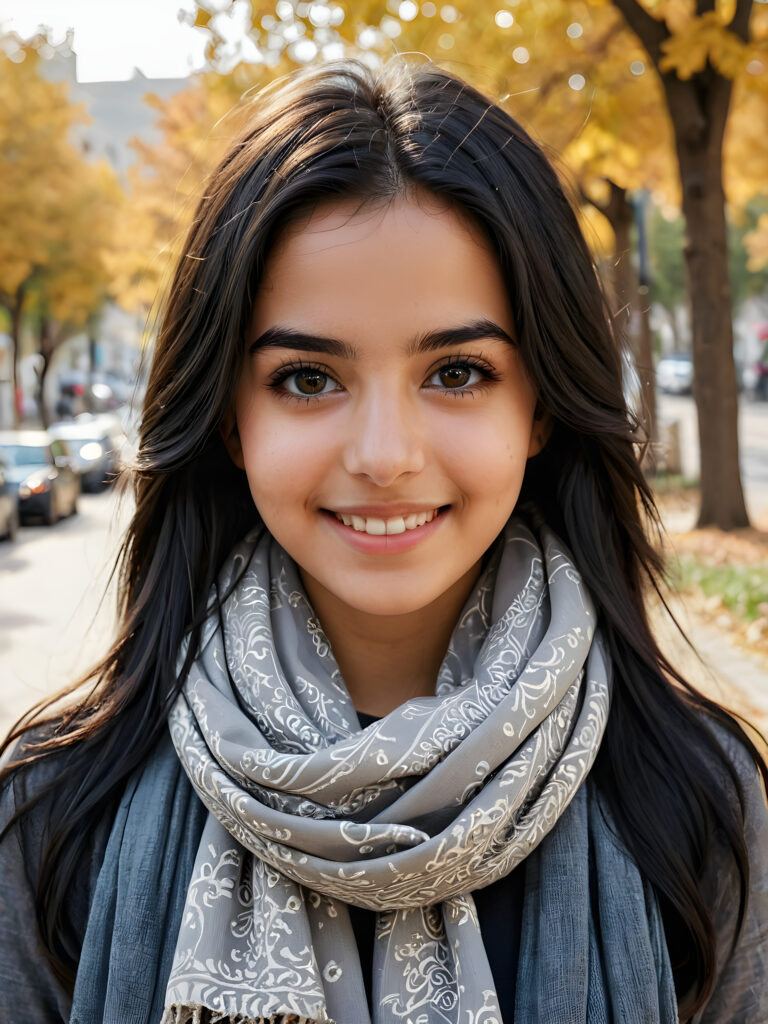 ((stunning)) ((gorgeous)) ((detailed and realistic portrait)) beautiful young Iranian girl, 16 years old, wears a grey outfit, light brown skin tone, cute face, realistic black eyes, (long black hair), slim, short stature, smiling, wearing a scarf