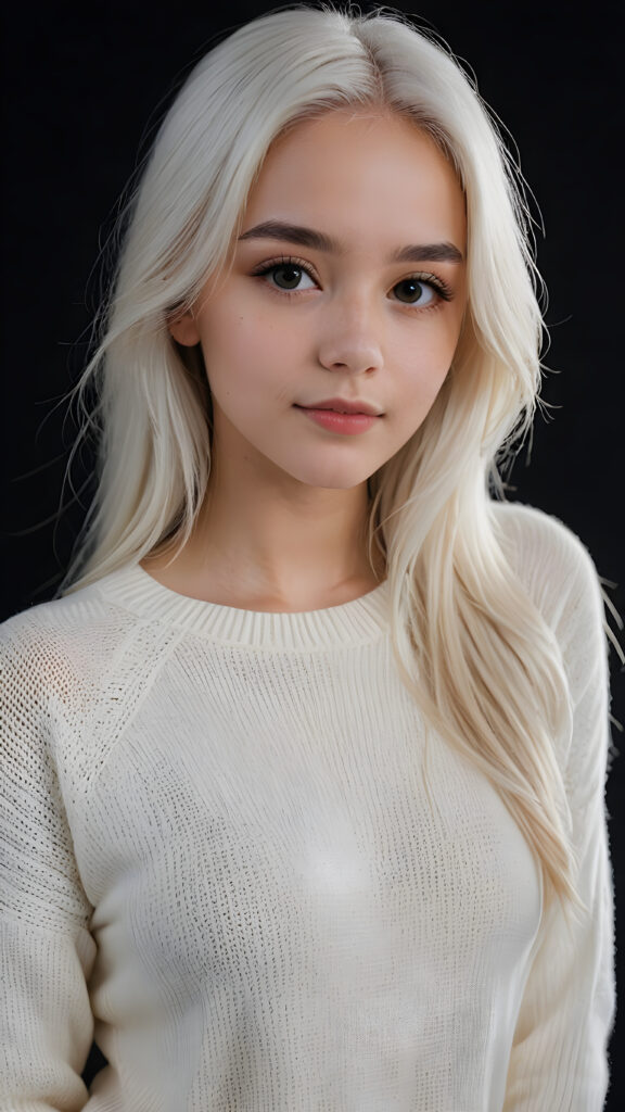 ((stunning)) ((gorgeous)) a beautiful teen girl, perfect portrait, perfect curved body, long straight platinum white hair, wears a white sweater, white silhouette, black background