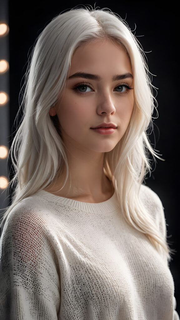 ((stunning)) ((gorgeous)) a beautiful realistic teen girl, perfect portrait, perfect curved body, long straight platinum white hair, wears a white sweater, white silhouette, black background