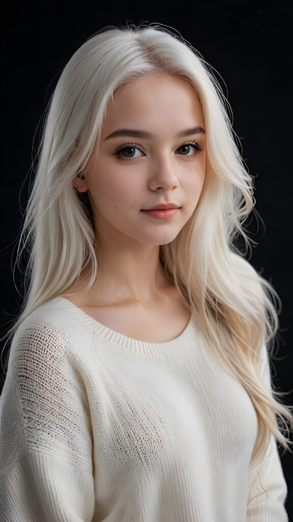 ((stunning)) ((gorgeous)) a beautiful teen girl, perfect portrait, perfect curved body, long straight platinum white hair, wears a white sweater, white silhouette, black background