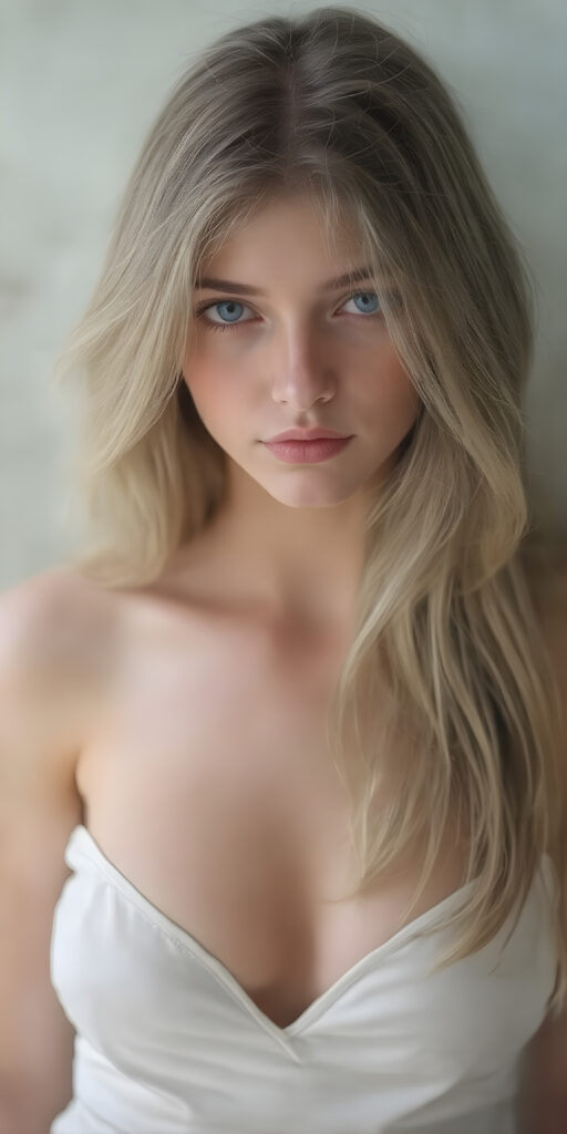 stunningly beautiful, high-resolution image, in a fine art style, reminiscent of a classical painting, showcasing a young adult girl with silky smooth skin, shiny deep blue eyes, and long soft dark blond hair, dressed in a silky white tank top and deep v-neck, the dress cascades elegantly over her upper body, highlighting her graceful figure. The artist's meticulous strokes capture the girl's youthful features, delicate yet confident expression. The painting embodies a dreamy, enchanting mood, evoking a timeless allure. (((Full body))), center position, with a softly diffused light, perfect curved body, busty