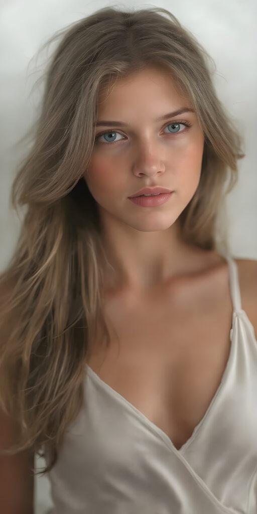 stunningly beautiful, high-resolution image, in a fine art style, reminiscent of a classical painting, showcasing a young adult girl with silky smooth skin, shiny deep blue eyes, and long soft dark blond hair, dressed in a silky white tank top and deep v-neck, the dress cascades elegantly over her upper body, highlighting her graceful figure. The artist's meticulous strokes capture the girl's youthful features, delicate yet confident expression. The painting embodies a dreamy, enchanting mood, evoking a timeless allure. (((Full body))), center position, with a softly diffused light, perfect curved body, busty