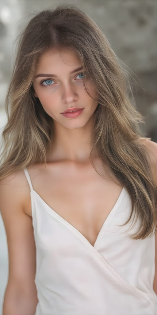 stunningly beautiful, high-resolution image, in a fine art style, reminiscent of a classical painting, showcasing a young adult girl with silky smooth skin, shiny deep blue eyes, and long soft dark blond hair, dressed in a silky white tank top and deep v-neck, the dress cascades elegantly over her upper body, highlighting her graceful figure. The artist's meticulous strokes capture the girl's youthful features, delicate yet confident expression. The painting embodies a dreamy, enchanting mood, evoking a timeless allure. (((Full body))), center position, with a softly diffused light, perfect curved body, busty