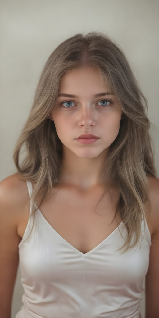 stunningly beautiful, high-resolution image, in a fine art style, reminiscent of a classical painting, showcasing a young adult girl with silky smooth skin, shiny deep blue eyes, and long soft dark blond hair, dressed in a silky white tank top and deep v-neck, the dress cascades elegantly over her upper body, highlighting her graceful figure. The artist's meticulous strokes capture the girl's youthful features, delicate yet confident expression. The painting embodies a dreamy, enchanting mood, evoking a timeless allure. (((Full body))), center position, with a softly diffused light, perfect curved body, busty