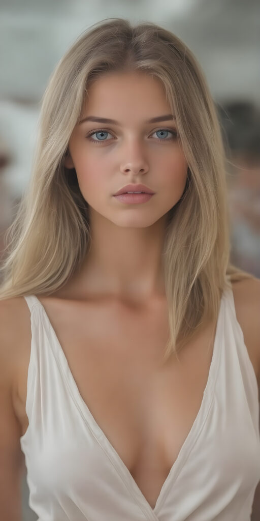 stunningly beautiful, high-resolution image, in a fine art style, reminiscent of a classical painting, showcasing a young adult girl with silky smooth skin, shiny deep blue eyes, and long soft dark blond hair, dressed in a silky white tank top and deep v-neck, the dress cascades elegantly over her upper body, highlighting her graceful figure. The artist's meticulous strokes capture the girl's youthful features, delicate yet confident expression. The painting embodies a dreamy, enchanting mood, evoking a timeless allure. (((Full body))), center position, with a softly diffused light, perfect curved body, busty