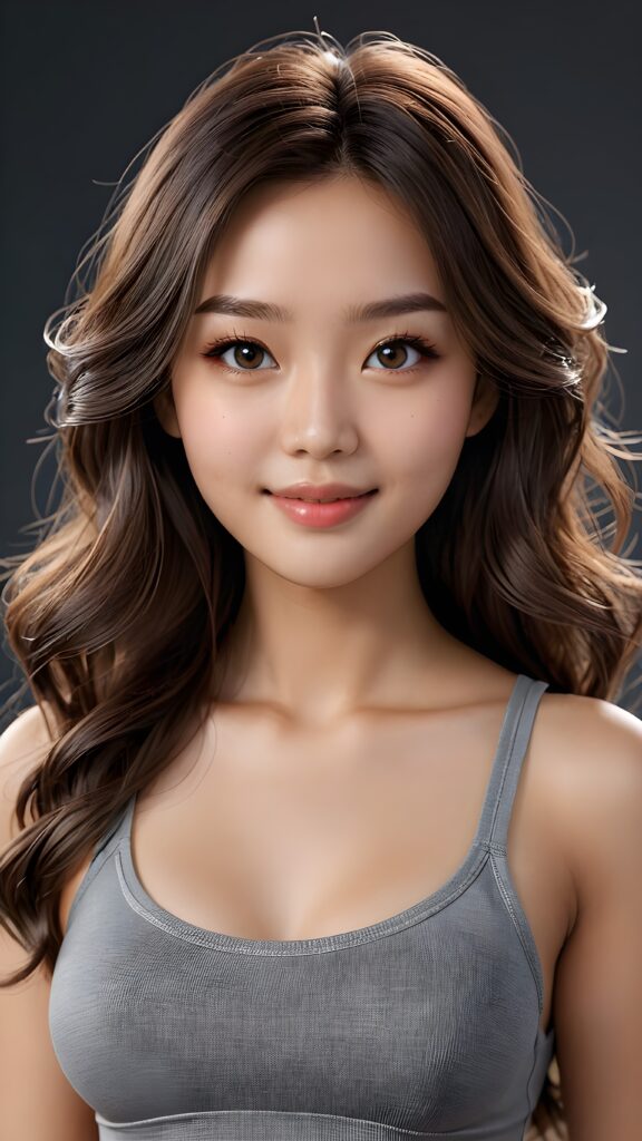 ((super-realistic cute Asian girl)) ((4k)) ((sharp focus)) ((realistic long wavy hair)) ((realistic gray eyes)) ((detailed face)) ((perfect anatomy)) ((curved body)) ((delicate jaw)) ((smile)) ((face illuminated)) (((looks at the camera))) ((wearing a cropped short tank top)) ((stylized colors)) ((dark tone))