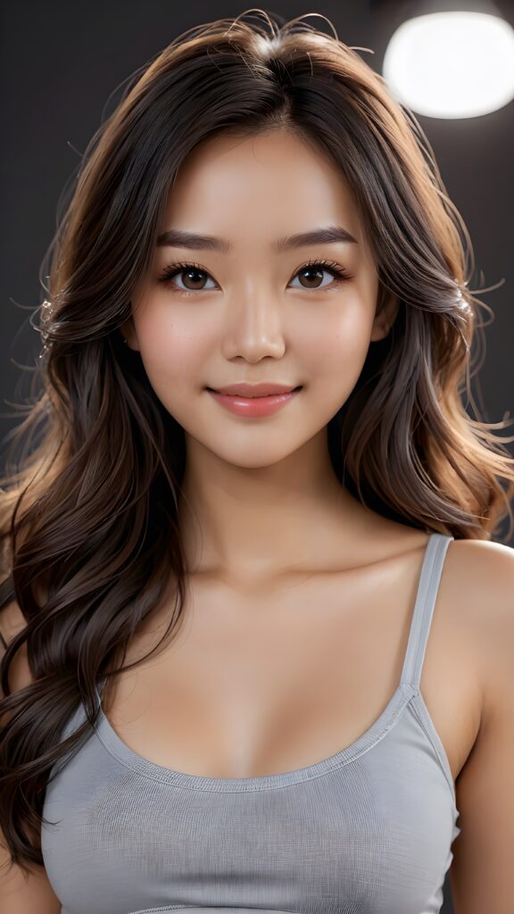 ((super-realistic cute Asian girl)) ((4k)) ((sharp focus)) ((realistic long wavy hair)) ((realistic gray eyes)) ((detailed face)) ((perfect anatomy)) ((curved body)) ((delicate jaw)) ((smile)) ((face illuminated)) (((looks at the camera))) ((wearing a cropped short tank top)) ((stylized colors)) ((dark tone))