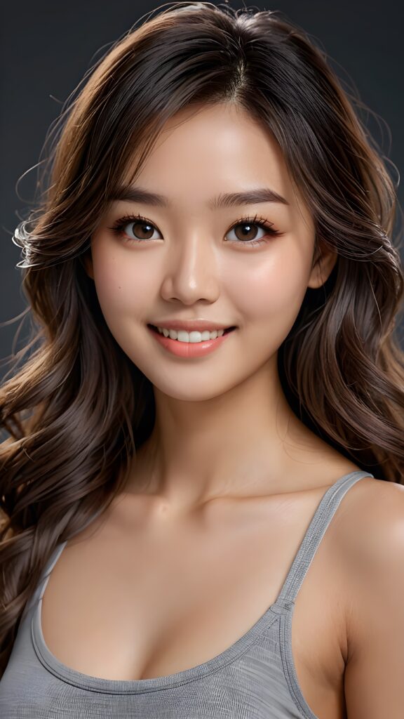 ((super-realistic cute Asian girl)) ((4k)) ((sharp focus)) ((realistic long wavy hair)) ((realistic gray eyes)) ((detailed face)) ((perfect anatomy)) ((curved body)) ((delicate jaw)) ((smile)) ((face illuminated)) (((looks at the camera))) ((wearing a cropped short tank top)) ((stylized colors)) ((dark tone))