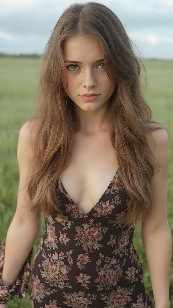 (super realistic upper body shot, 1970)) a young adult hippie girl with soft hair, deep black eyes and pale skin. Her brown soft hair falls over her perfectly shaped body and shines. She is standing on a green meadow and looks seductive in the camera, she wears a one-piece suit with a floral pattern and deep v-neck, stand in front of the viewer