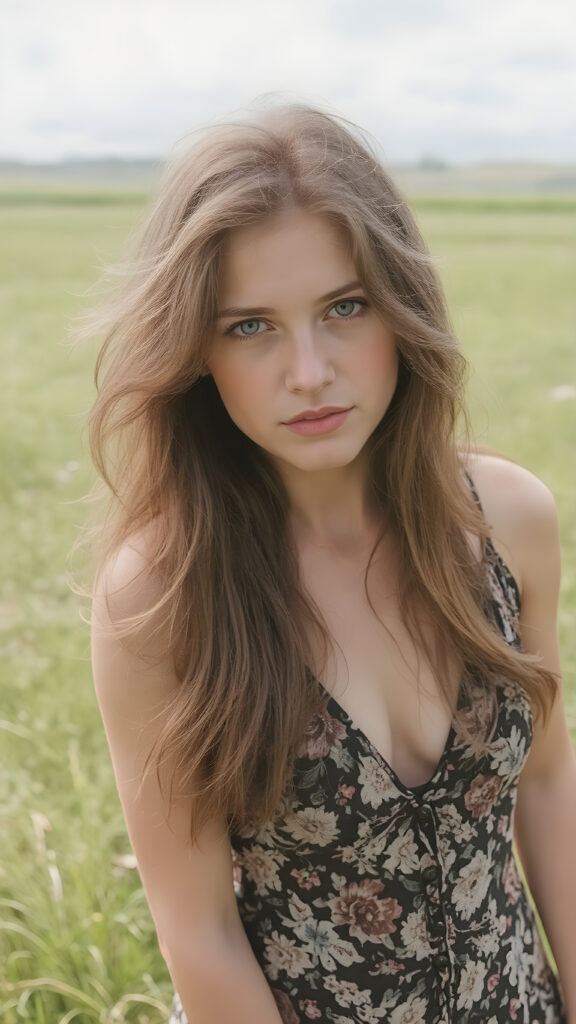 (super realistic upper body shot, 1970)) a young adult hippie girl with soft hair, deep black eyes and pale skin. Her brown soft hair falls over her perfectly shaped body and shines. She is standing on a green meadow and looks seductive in the camera, she wears a one-piece suit with a floral pattern and deep v-neck, stand in front of the viewer