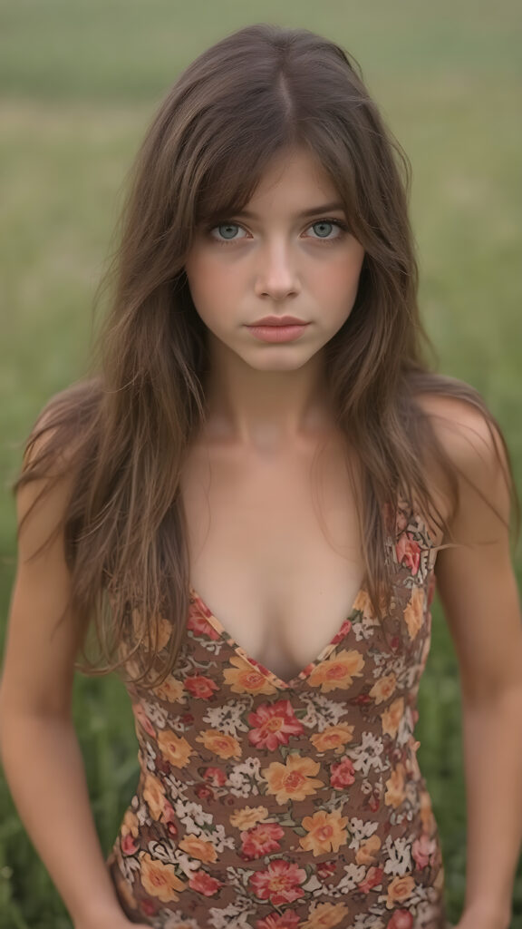 (super realistic upper body shot, 1970)) a young adult hippie girl with soft hair, deep black eyes and pale skin. Her brown soft hair falls over her perfectly shaped body and shines. She is standing on a green meadow and looks seductive in the camera, she wears a one-piece suit with a floral pattern and deep v-neck, stand in front of the viewer