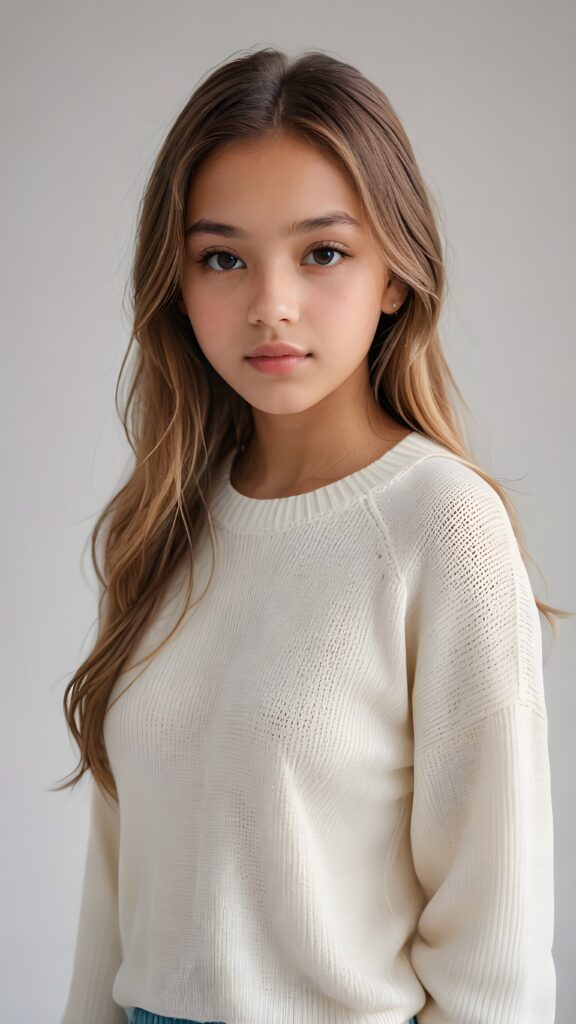 super realistic, detailed portrait, a beautiful young brown-skinned teen girl, 14 years old, perfect body, with long soft blonde straight hair, and ((full lips)), looks sweetly into the camera, she wears a thin crop ((white sweater)) against ((light background))