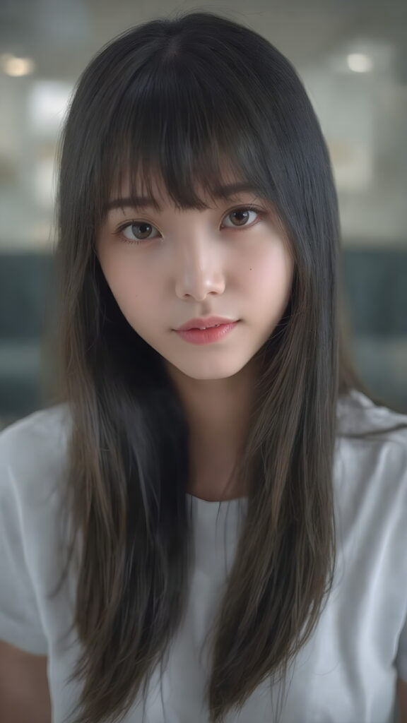 super realistic, detailed upper body portrait, a beautiful young Korean teen girl with long soft straight jet black hair bangs, round face, dark detailed eyes, looks sweetly into the camera, she wears a short white t-shirt, K-Drama Style