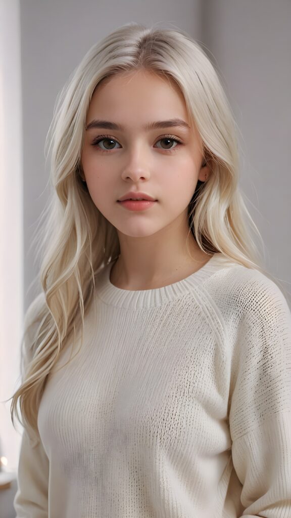 super realistic, detailed portrait, a beautiful young teen girl, 14 years old, perfect body, ((with long soft white straight hair)), and ((full lips)), looks sweetly into the camera, she wears a thin crop ((white sweater)) against ((light background))