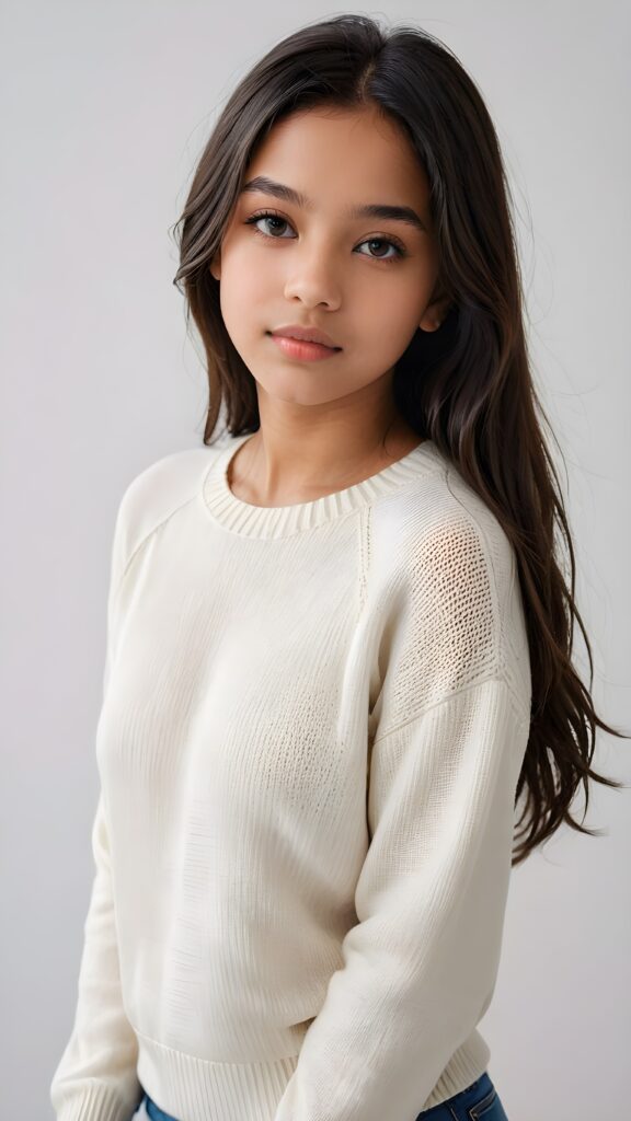 super realistic, detailed portrait, a beautiful young brown-skinned teen girl, 14 years old, perfect body, with long soft black straight hair, and ((full lips)), looks sweetly into the camera, she wears a thin crop ((white sweater)) against ((light background))