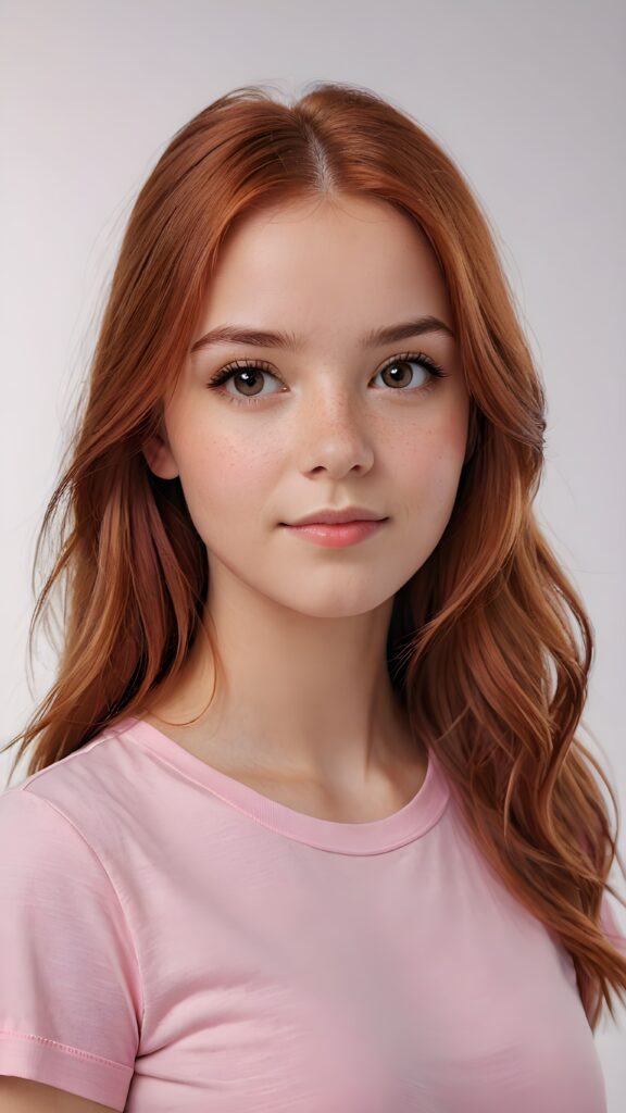 super realistic, 4k, detailed face, perfect curved body, cute young teen girl, long straight (light red hair), looks at the camera, portrait shot, white background, ((pink t-shirt))