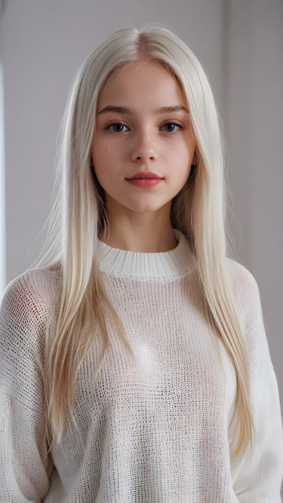 super realistic, detailed portrait, a beautiful young petite teen girl, 14 years old, perfect body, ((with long soft white straight hair)), and ((full lips)), looks sweetly into the camera, she wears a thin crop ((white sweater)) against ((light background))