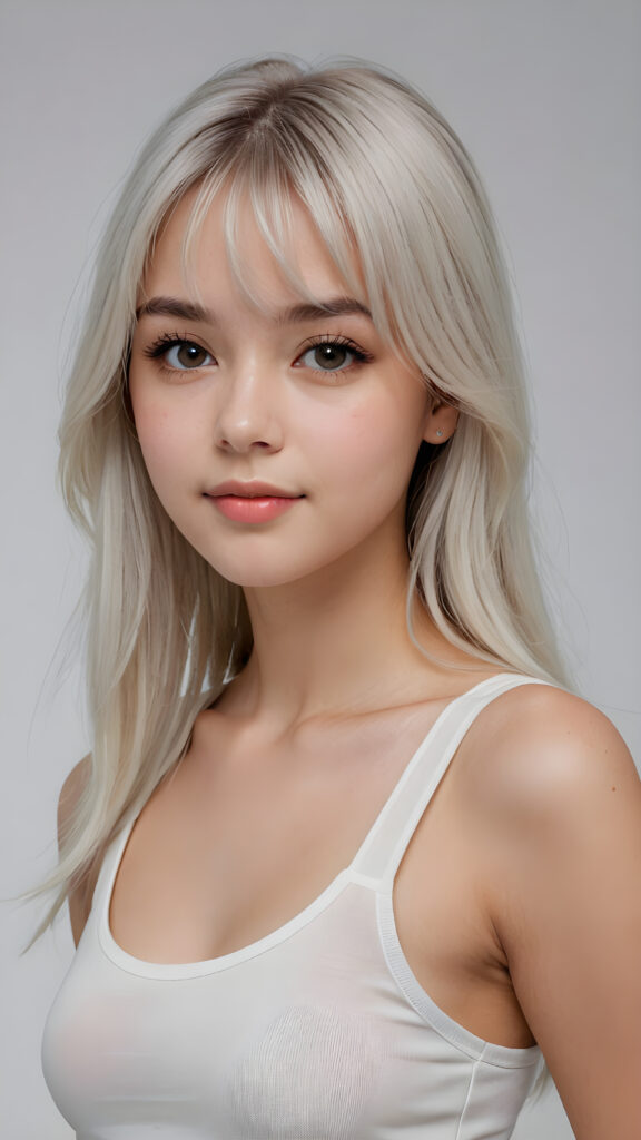 super realistic, 4k, detailed face, perfect curved body, cute teen girl, long white straight hair, bangs cut, wear only a white short tight tank top, looks at the camera, portrait shot