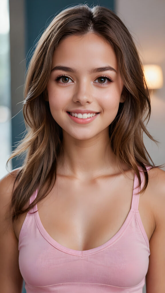 super realistic, detailed face, cute innocent 14 years old well busty teen girl, long straight super soft light brown detailed hair, realistic detailed amber eyes, ((wear a pink short plain tight tank top with deep v-neck)), looks sadly at the camera, perfect curved body, ((she has flawless, smooth skin)), full kissable lips, a masterpiece of picture, gorgeous, stunning, warm smile, white teeth