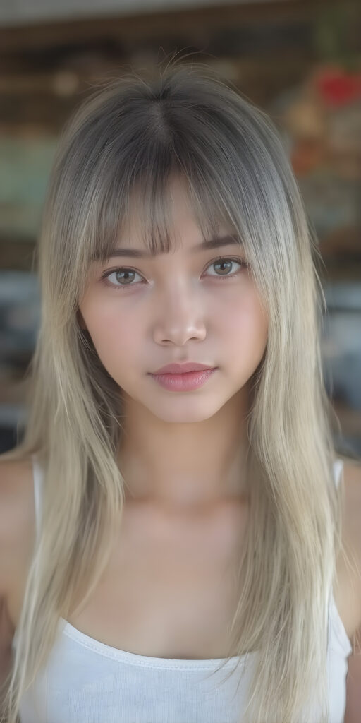 super realistic, 4k, detailed face, perfect curved body, cute Filipino teen girl, long blonde straight soft hair, styled bangs, wear only a white short tight crop tank top, looks at the camera, perfect body, portrait shot