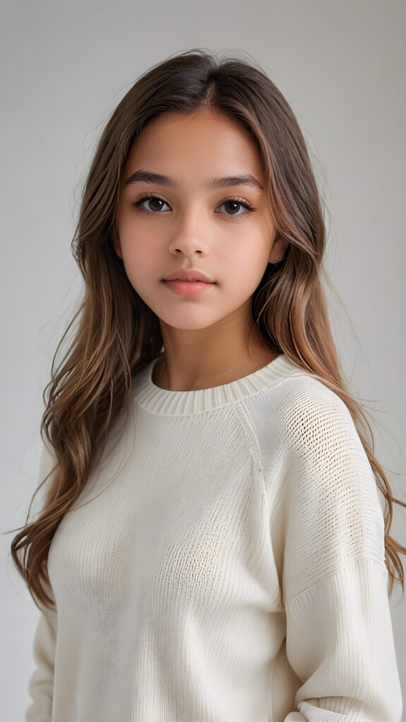 super realistic, detailed portrait, a beautiful young brown-skinned teen girl, 14 years old, perfect body, with long soft blonde straight hair, and ((full lips)), looks sweetly into the camera, she wears a thin crop ((white sweater)) against ((light background))