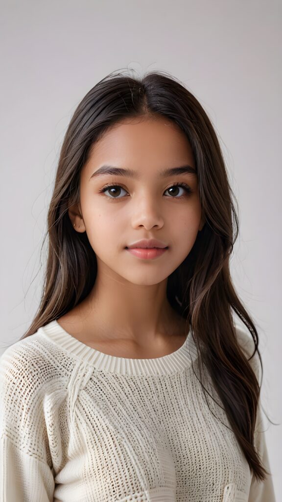 super realistic, detailed portrait, a beautiful young brown-skinned teen girl, 14 years old, perfect body, with long soft black straight hair, and ((full lips)), looks sweetly into the camera, she wears a thin crop ((white sweater)) against ((light background))