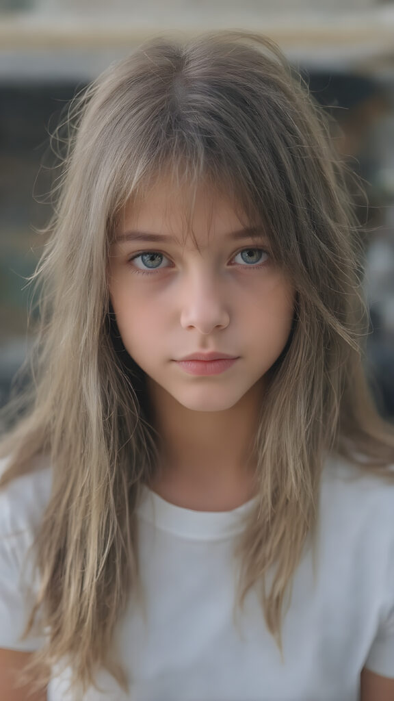 super realistic, detailed portrait, a beautiful young girl with long soft strong hair, looks sweetly into the camera, she wears a white t-shirt