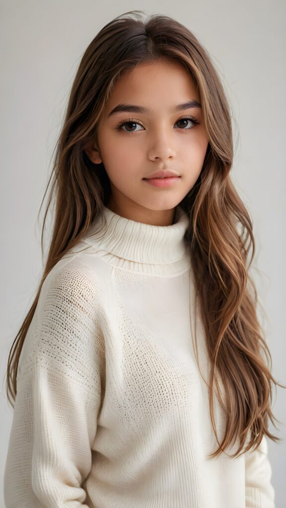 super realistic, detailed portrait, a beautiful young brown-skinned teen girl, 14 years old, perfect body, with long soft brown-blonde straight hair, and ((full lips)), looks sweetly into the camera, she wears a thin crop ((white sweater)) against ((light background))