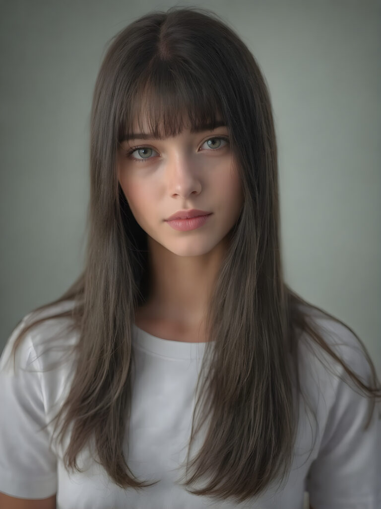 super realistic, detailed portrait, a beautiful young teen girl with long soft straight black hair bangs, round face, looks sweetly into the camera, she wears a short white t-shirt