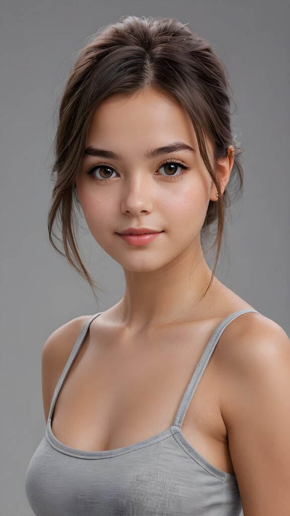 super realistic, 4k, detailed face, perfect curved body, cute young girl, straight hair, crop top, looks at the camera, portrait shot, grey background