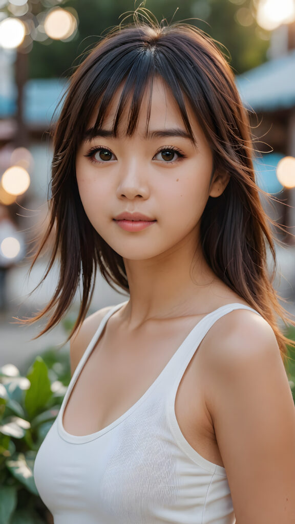 super realistic, 4k, detailed face, perfect curved body, cute Asian teen girl, long straight soft hair, bangs cut, wear only a white short tight tank top, looks at the camera, portrait shot