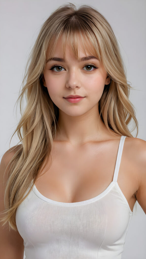 super realistic, 4k, detailed face, perfect curved body, cute well busty teen girl, long blonde straight hair, bangs cut, wear only a white short tight tank top, looks at the camera, portrait shot