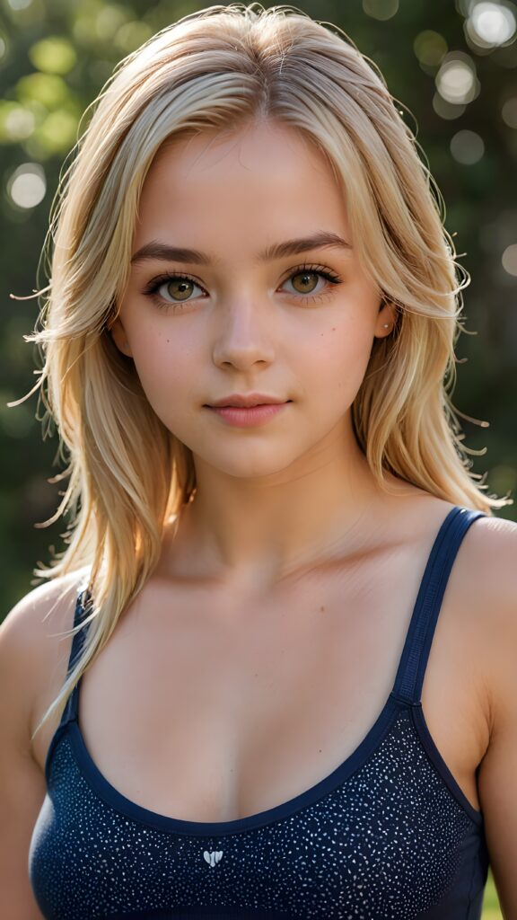 super realistic, detailed face, cute 17 years old Nord girl, straight blonde hair, realistic detailed light, wear short tight tank top, looks at the camera, perfect curved body, perfect pose