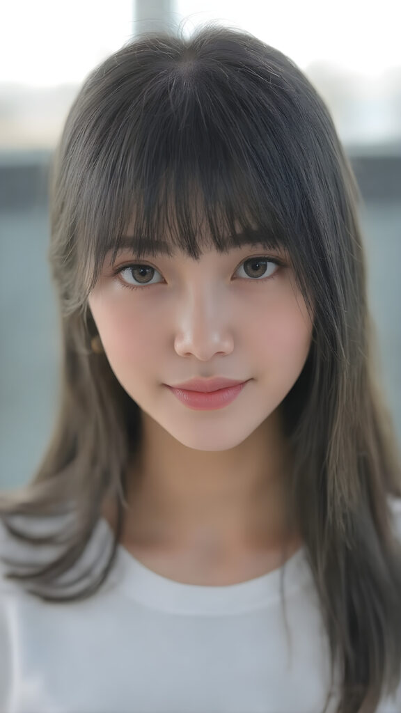 super realistic, detailed portrait, a beautiful young Asian teen girl with long soft straight dark hair bangs, round face, dark detailed eyes, looks sweetly into the camera, she wears a short white t-shirt