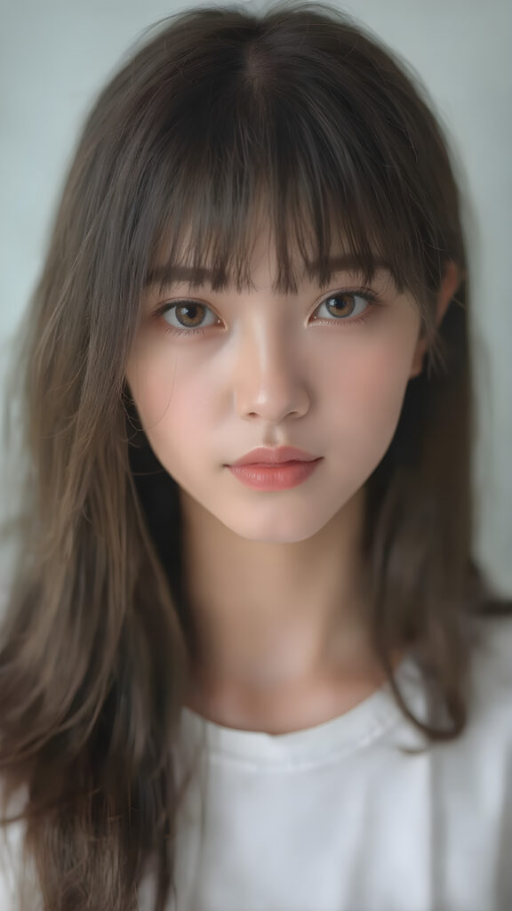 super realistic, detailed upper body portrait, a beautiful young Japanese teen girl with long soft straight dark brown hair bangs, round face, dark detailed eyes, looks sweetly into the camera, she wears a short white t-shirt