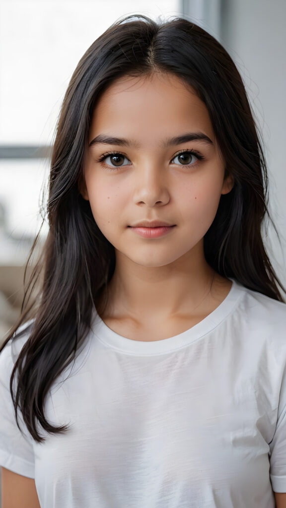 super realistic, detailed portrait, a beautiful young girl, 13 years old, with long soft obsidian black hair looks sweetly into the camera, ((she wears a white plain t-shirt))